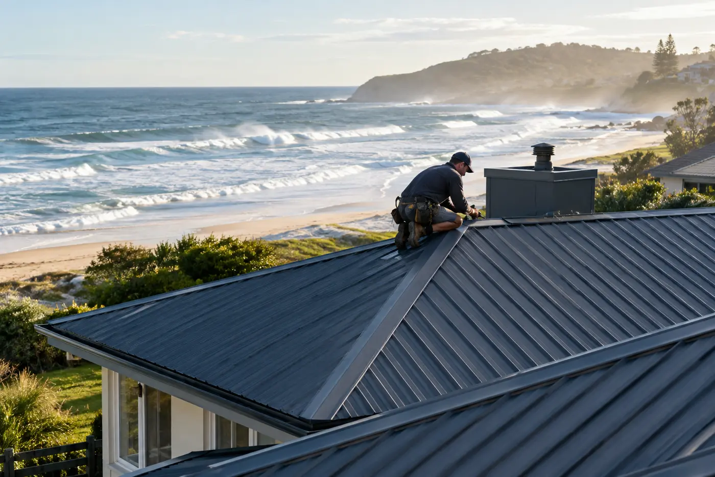 Dark Colorbond metal roof on a beachfront Central Coast home with surf breaking behind it