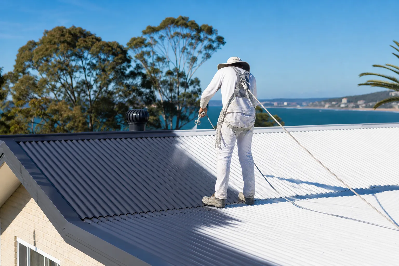 Freshly painted tile roof on a Central Coast home under clear coastal sky