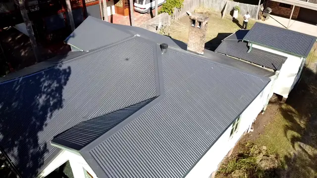 Close aerial view of the hips and valleys of a Monument metal roof in Terrigal